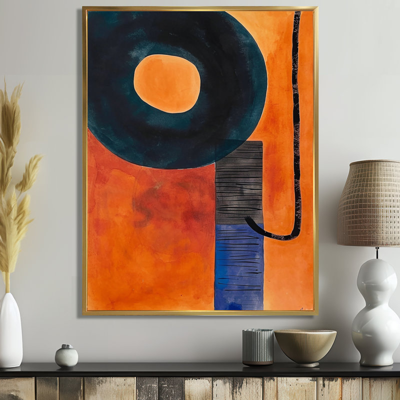 «Retro Dada», peinture orange et noir - reproduction d'art abstrait mural, Toile avec cadre flottant or