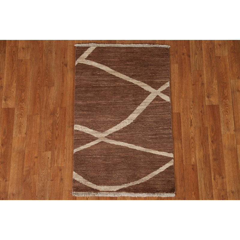 Tapis brun en laine noué à la main de conception unique 2 pi 1 po x 3 pi 3 po New Age