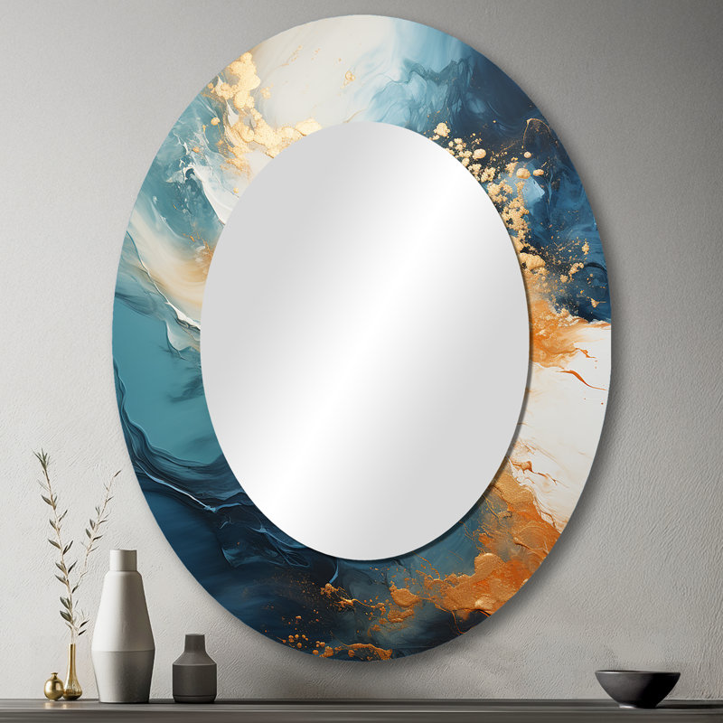 Modern Coastal Blue And Gold River - Teal Coastal Oval Wall Mirror, 43" x 33"
