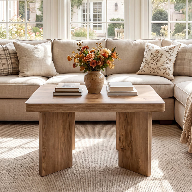 Table basse 31,5 po carrée en bois avec plateau et pieds à panneaux épaissis
