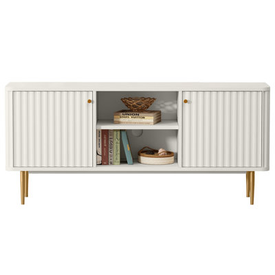 55" Modern Fluted TV Stand, Media Console with Gold Legs, Small Entertainment Centre with Cable Management & Adjustable Shelves