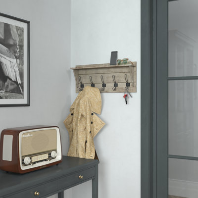 Nariaki Wall Mounted Solid Pine Wood Storage Rack with Upper Shelf and 5 Hanging Hooks