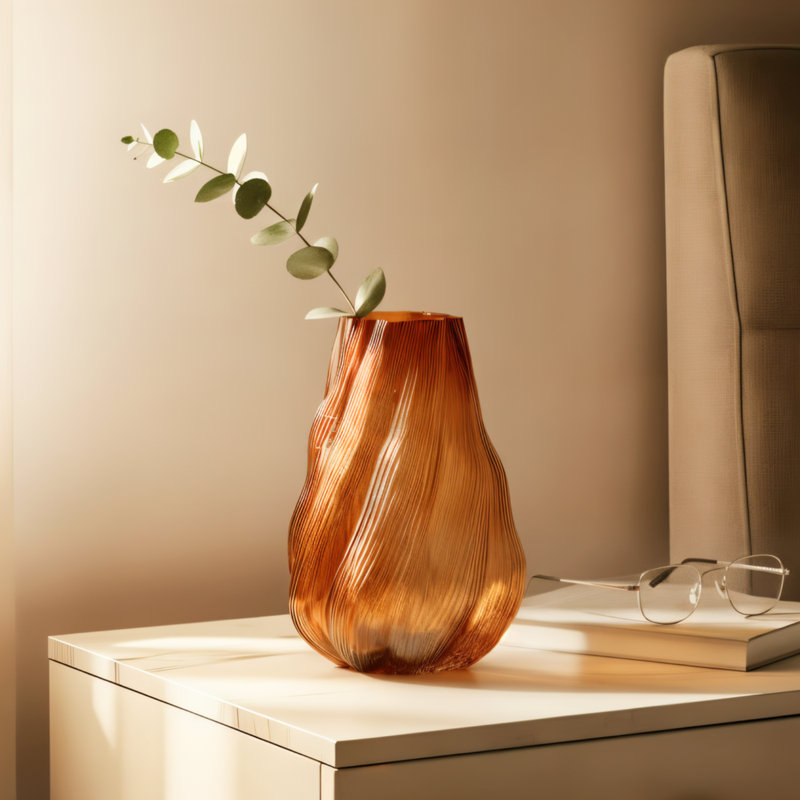 Solara Swirl 9" Ribbed Clear Amber Glass Vase, Amber Orange