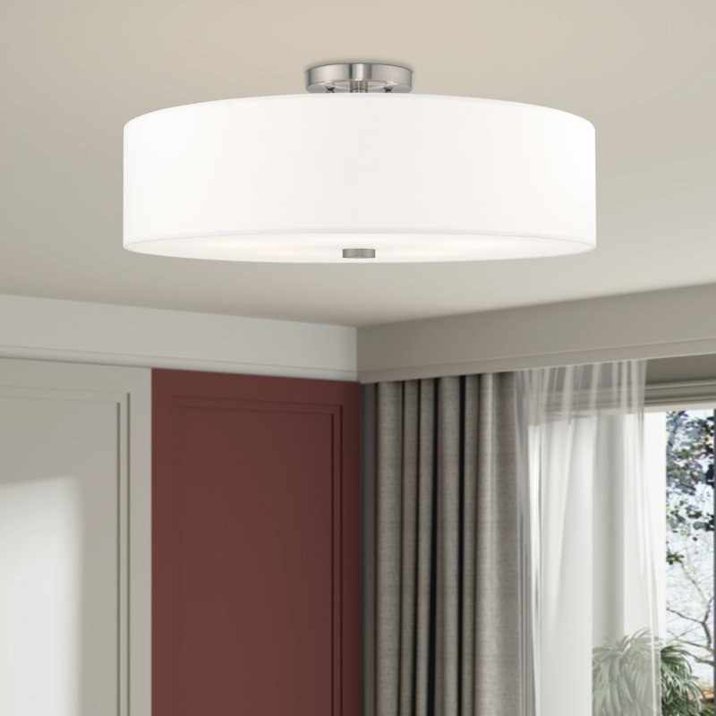 Bazilijus Fabric Semi Flush Mount, Brushed Nickel, Off-White