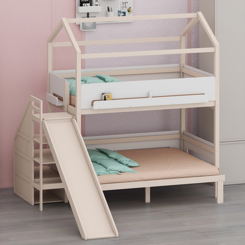 Lit superposé en forme de maison avec glissade et escalier de rangement intégré, Beige+White