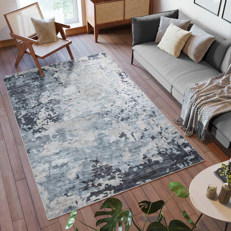 Tapis gris anthracite ivoire lavable à la machine Rayna Kaori, Rectangle 6 pi x 9 pi