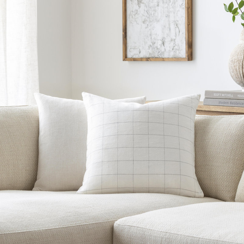 22" White Linen and Cotton Embroidered Throw Pillow
