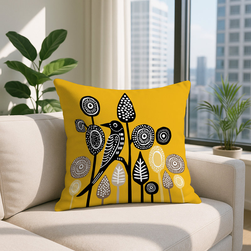 Oreiller carré réversible intérieur / extérieur à motif d'oiseaux olli10172025, Carré 19 po, Jaune