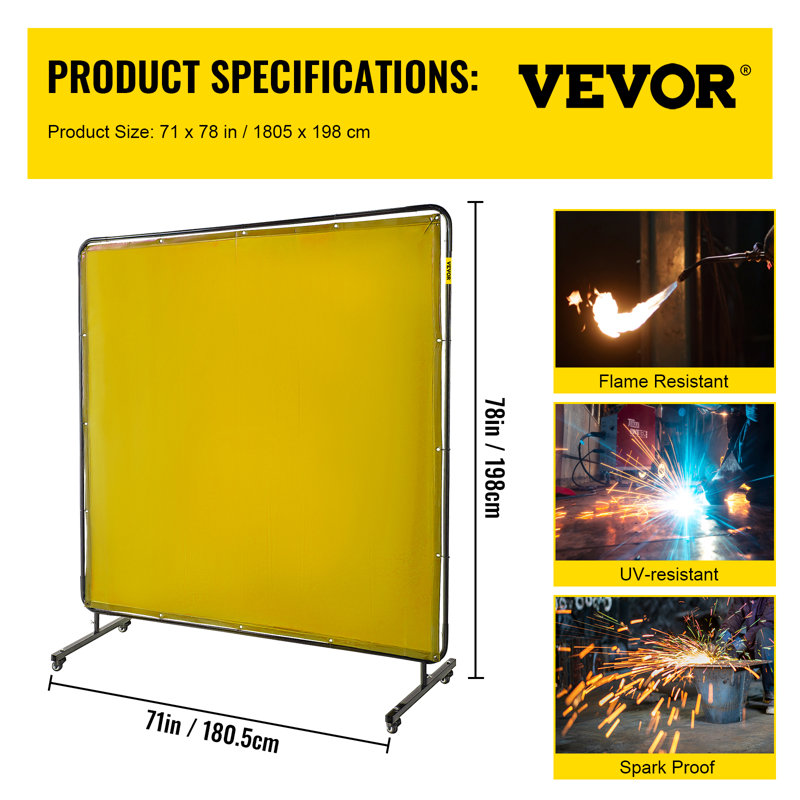 Welding Screen with Frame, Welding Curtain with 4 Wheels, 2" H x 64" W x 7" D, Yellow