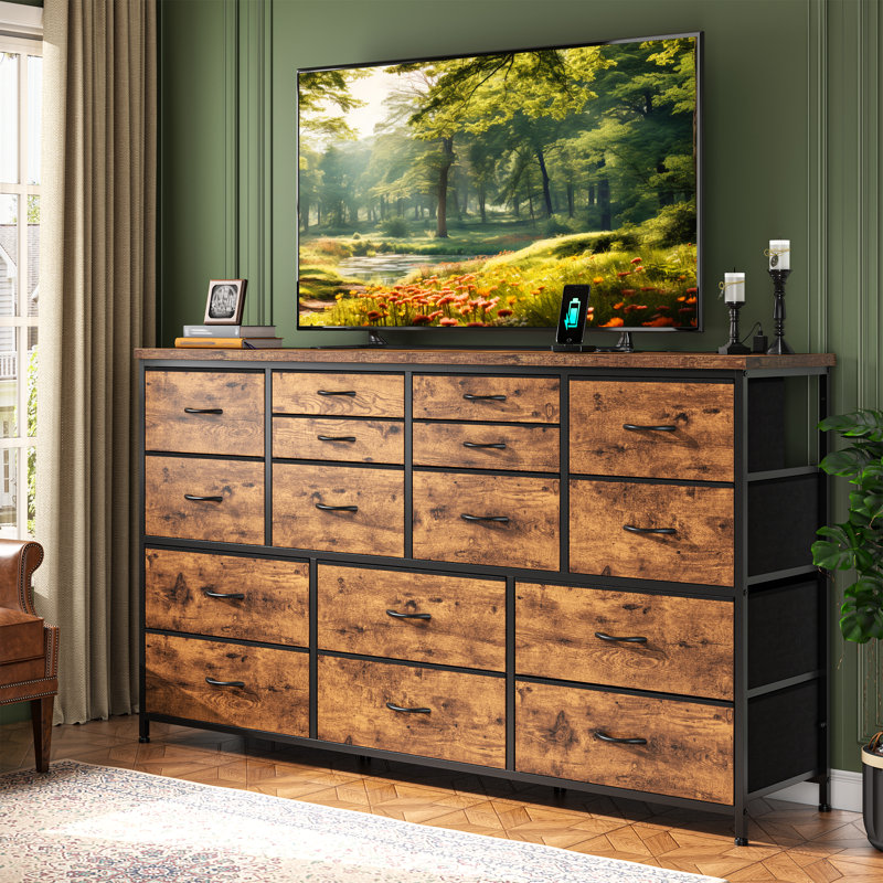 51" Wide 16-drawer Multi-functional Dresser，bedroom Storage Organizer With Usb Charging Station, Brown