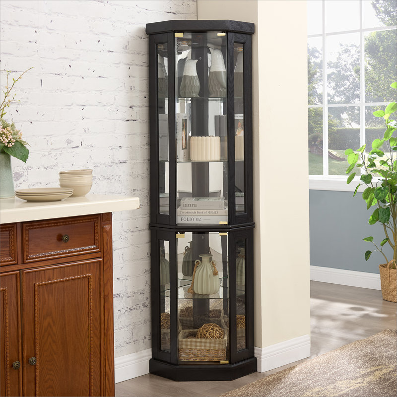 Vitrine de coin lumineuse - Vitrine de salon, objets de collection antiques, rangement pour verres à vin et à bar - Design élégant d'angle avec lumières incluses - NOIR
