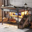 Lit mezzanine industriel en métal avec bureau intégré, bande à DEL et escalier de rangement, lit double avec prise de courant et paniers en filet (sans matelas)-132915801-132915803