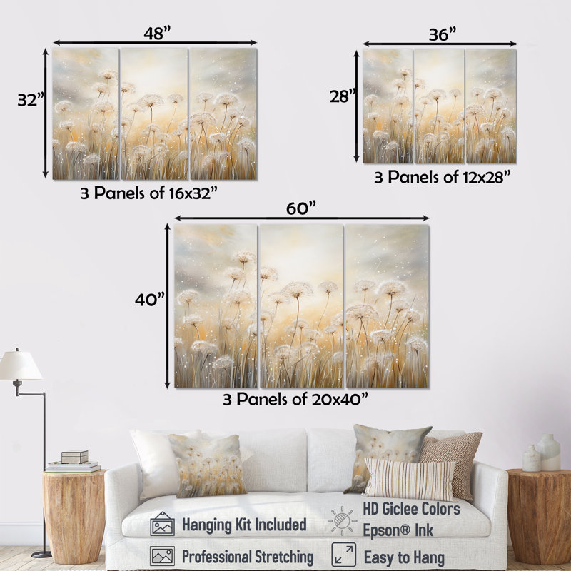 Golliday - Ensemble d'art mural sur toile Flower Field, Toile tendue, H 40 po x l 60 po x P 1 po
