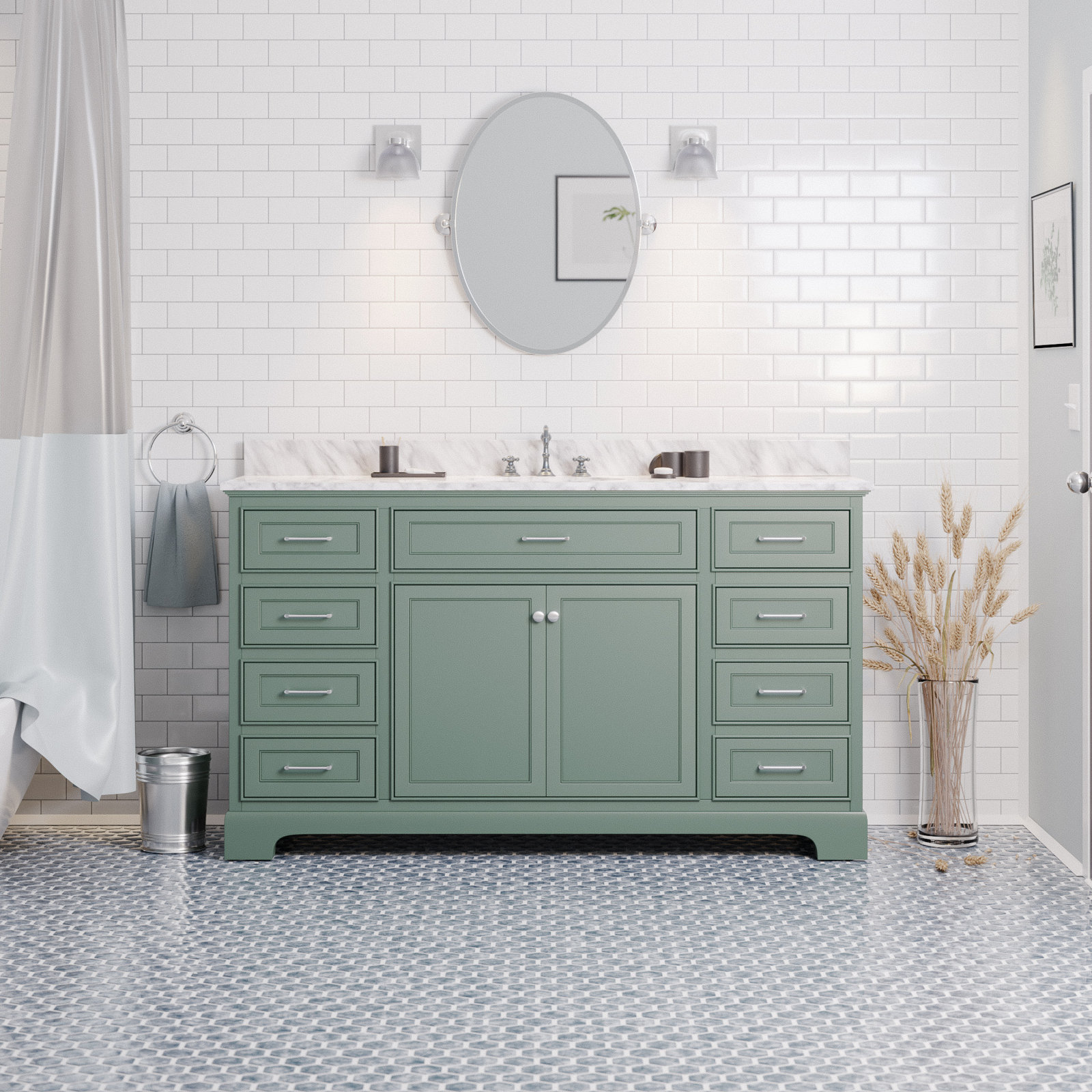 Ronnie 60'' Single Bathroom Vanity, Carrara Marble, Sage Green