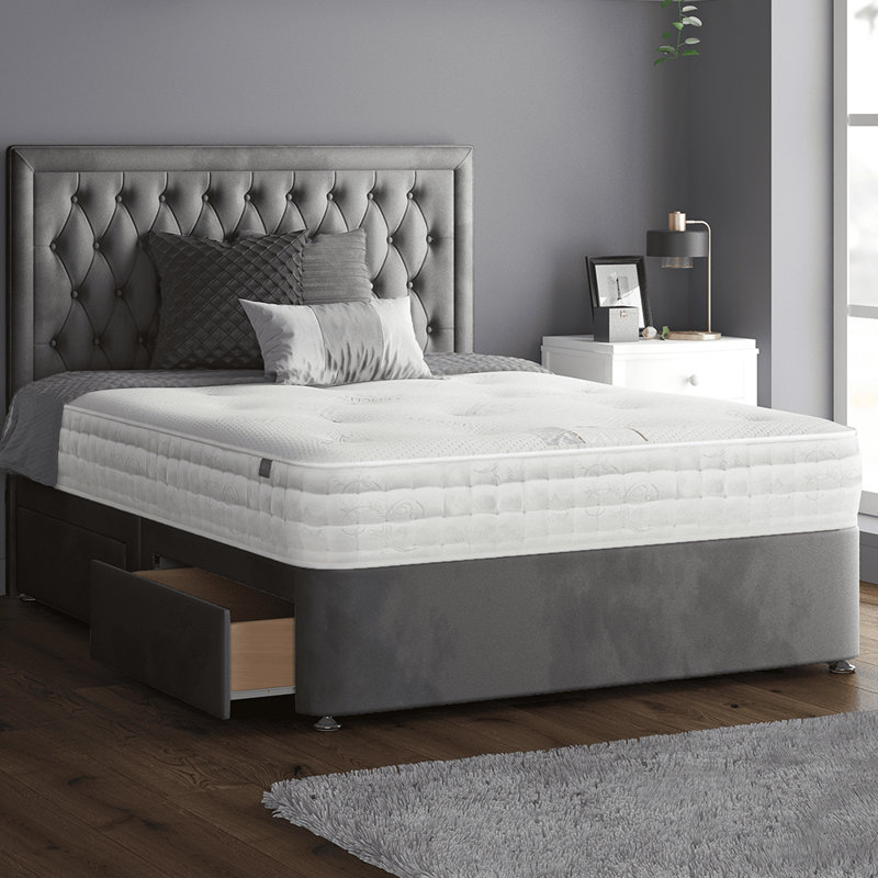 Gallego Upholstered Divan Bed, Single (3'), Grey, 2 Left Drawers
