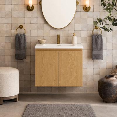 Meuble-lavabo flottant mural simple 30 po avec lavabo en céramique Sylvan, noyer naturel, contreplaqué de bois franc, portes à fermeture en douceur et rangement réglable