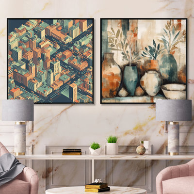Abstractions urbaines orange et vertes - ensemble de 2 collages abstraits carrés