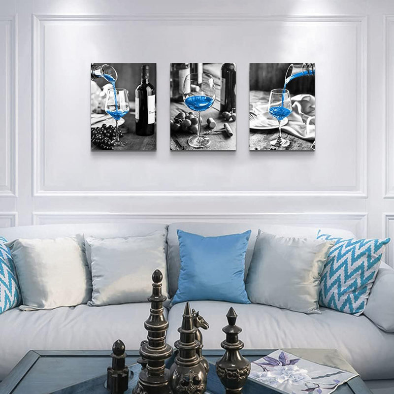 Canvas Wall Art For Kitchen Wall Decor For Dining Room Black And White Wine Glasses Painting Modern Blue Wine Canvas Art Prints Ready To Hang Pictures For Restaurant Home Decorations 12X16 3 Piece