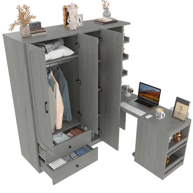 Armoire-penderie multifonctionnelle avec bureau pliable, Gris