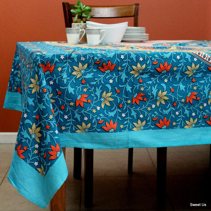 Cotton Floral Peacock Tablecloth Rectangle Blue Pink Teal Golden, Teal