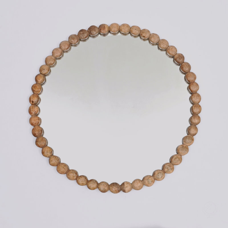 Decorative Round Hanging Wall Mirror With Natural Wooden Bead Design Frame