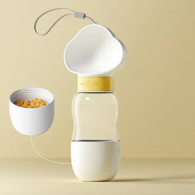 Bouteille d'eau en plastique sans BPA pour animaux de compagnie avec compartiment d'alimentation - Distributeur d'eau pour chien qui marche et qui fuit pour les voyages à l'extérieur, la randonnée et les promenades quotidiennes (convient aux chiens et aux chats)