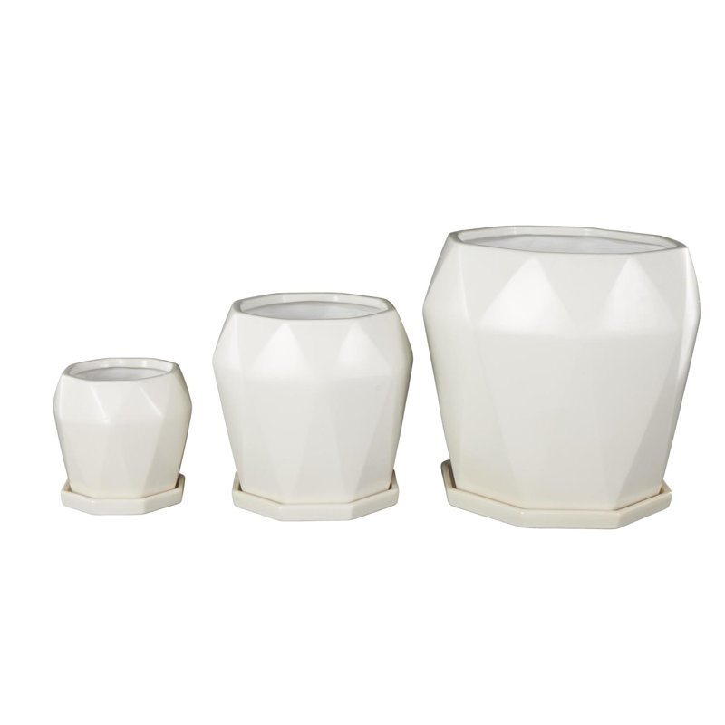 Cole And Grey 3 Piece Ceramic Patterned Planter With Attached Saucer Set