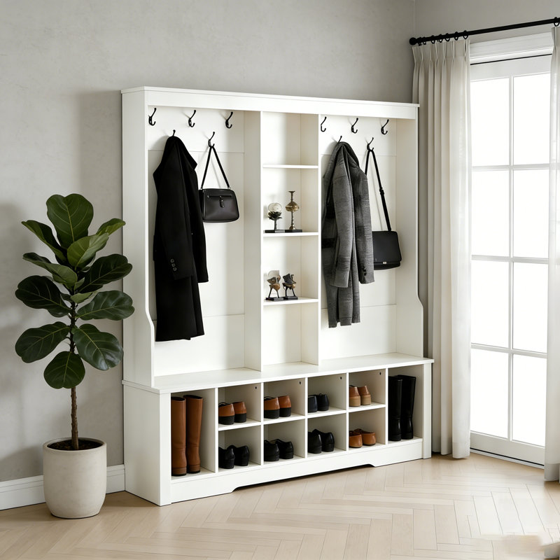 Hall Tree With Bench And Shoe Storage, 3-In-1 Entryway Organizer With Adjustable Compartments And Hooks