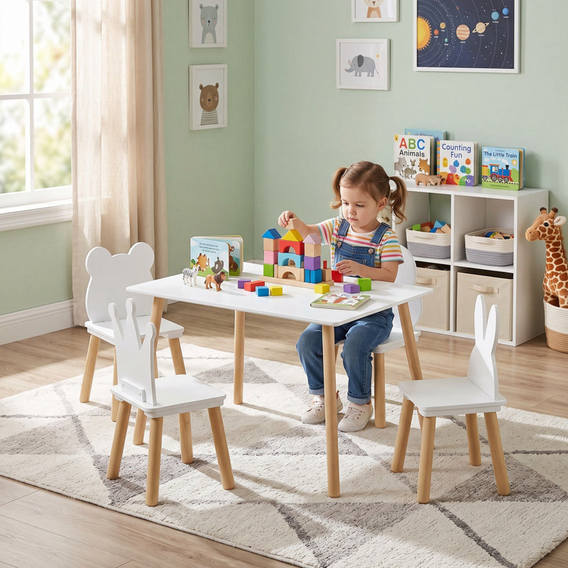 5 Pieces 31.5" Kids Table and Chair Set with 4 Pattern Backrest Chairs, Wooden Activity Table for Reading, Crafts and Playroom