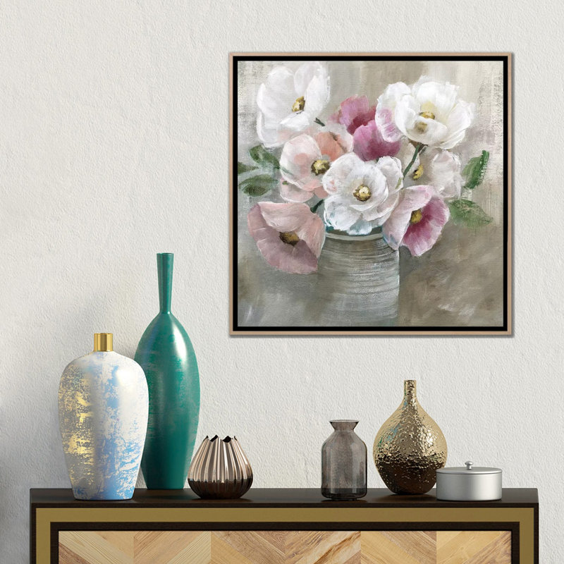 Blooming And Blushing - Painting on Canvas, 66.04 cm H x 66.04 cm W x 4.445 cm D, Oak Floater Framed