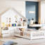 Lit simple maison blanche avec fenêtre, tiroirs de rangement de chevet, douilles et tablettes de fixation