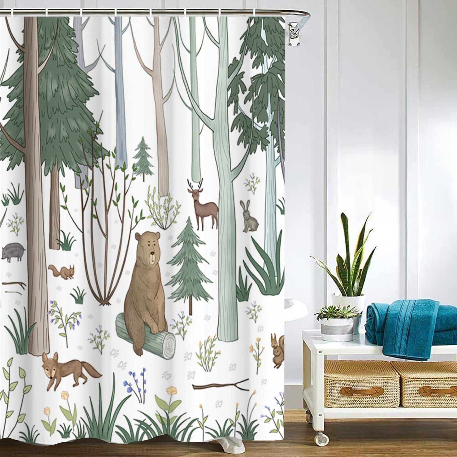 Millwood Pines Cute Shower Curtain with Hooks Green Forest Shower ...