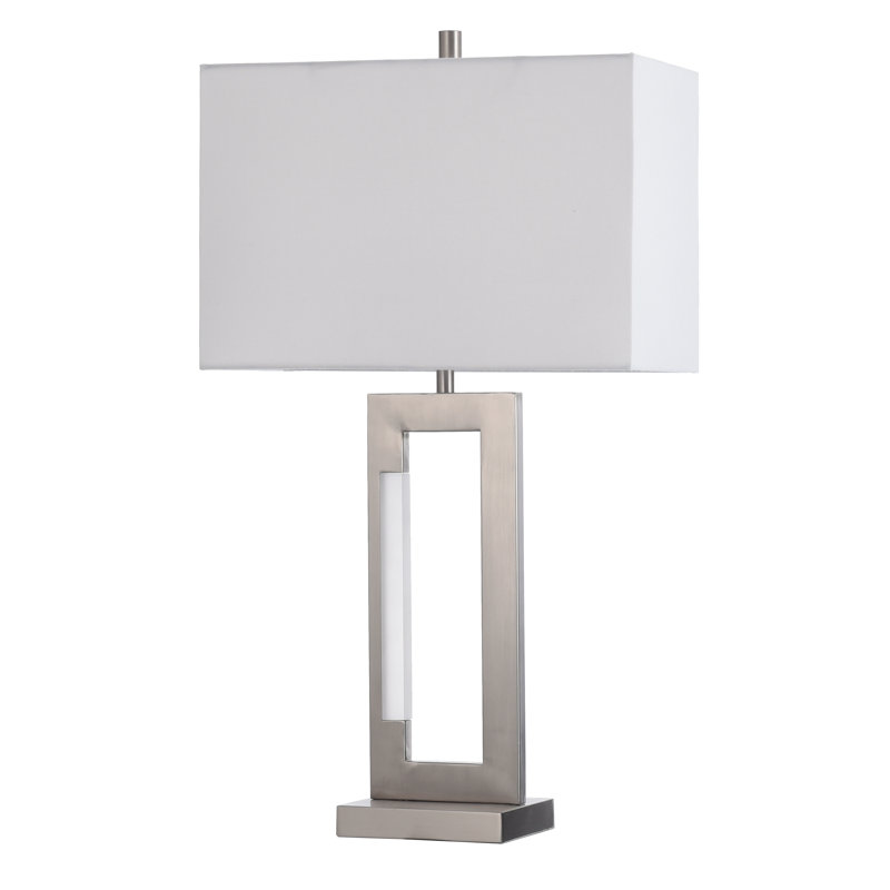 Brushed Silver Geometric Steel Table Lamp with White Shade