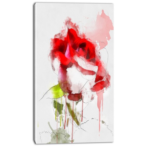 DesignArt Red Rose Sketch With Red Splashes On Canvas Print | Wayfair