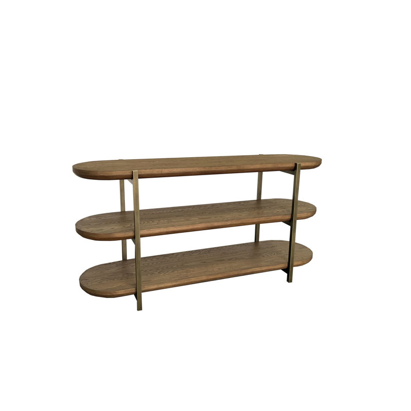Aurora Bridges Console Table – Latte Elm Veneer 3-Tier Modern Sofa Table with Open Shelving & Metal Accents