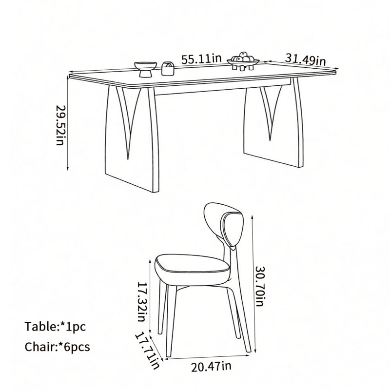 Ensembles de table de salle à manger simples et tendance, 7 pièces : table, 6 chaises, 29.52" H x 55.11" W x 31.49" D