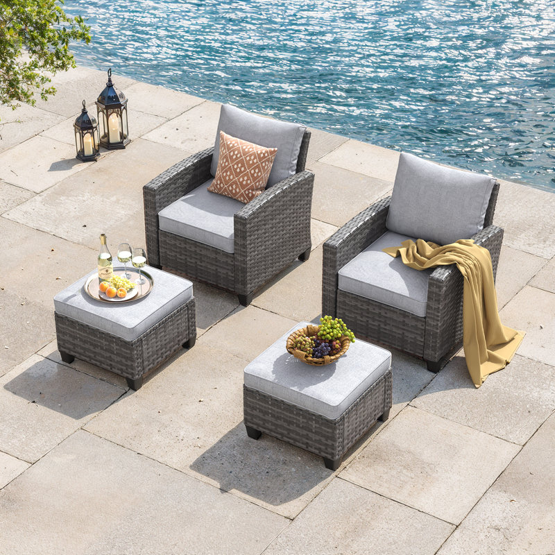 Batey 2-Person Patio Seating Group with Wicker Cushion Chairs and Ottomans, Gray