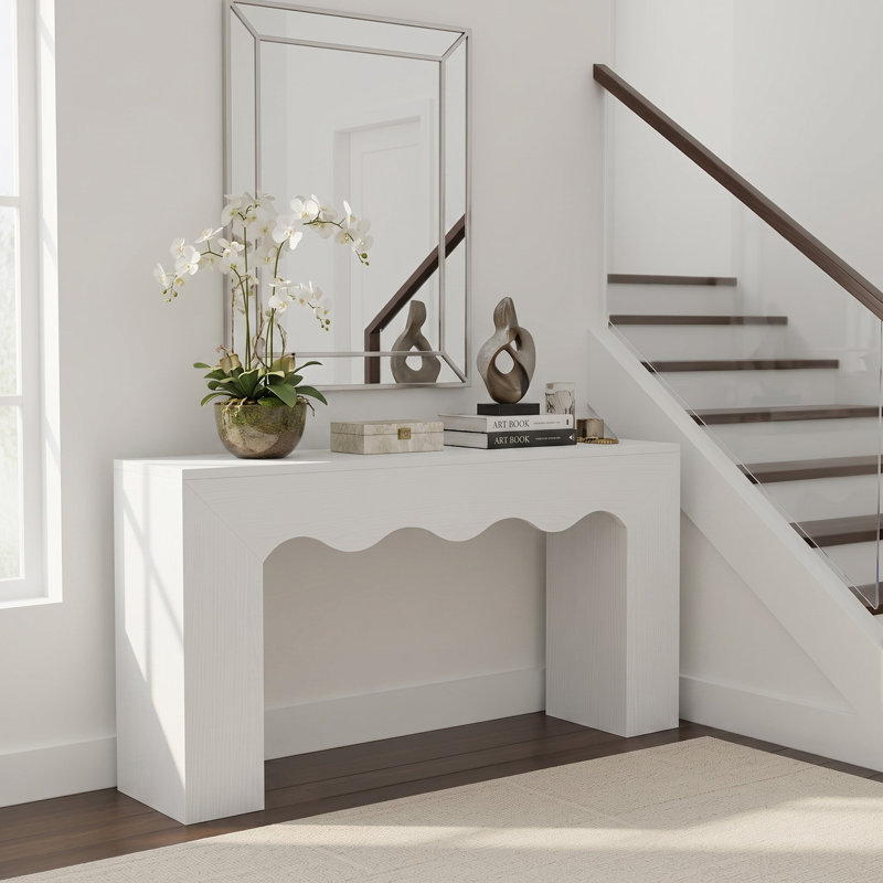 Console blanche de 160 cm avec rebord ondulé, table d'entrée et table basse en bois