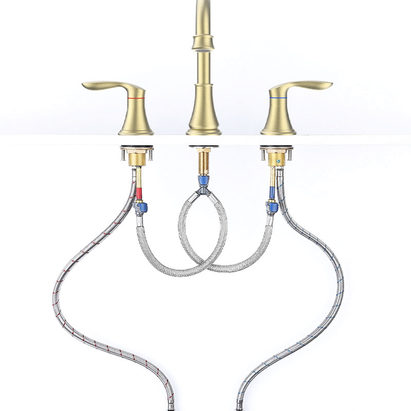 Brushed Gold Bathroom Sink Faucet 8" Widespread - 2 Handles, 3 Holes, 360 Swivel Spout, Easy To Operate Chemicals
