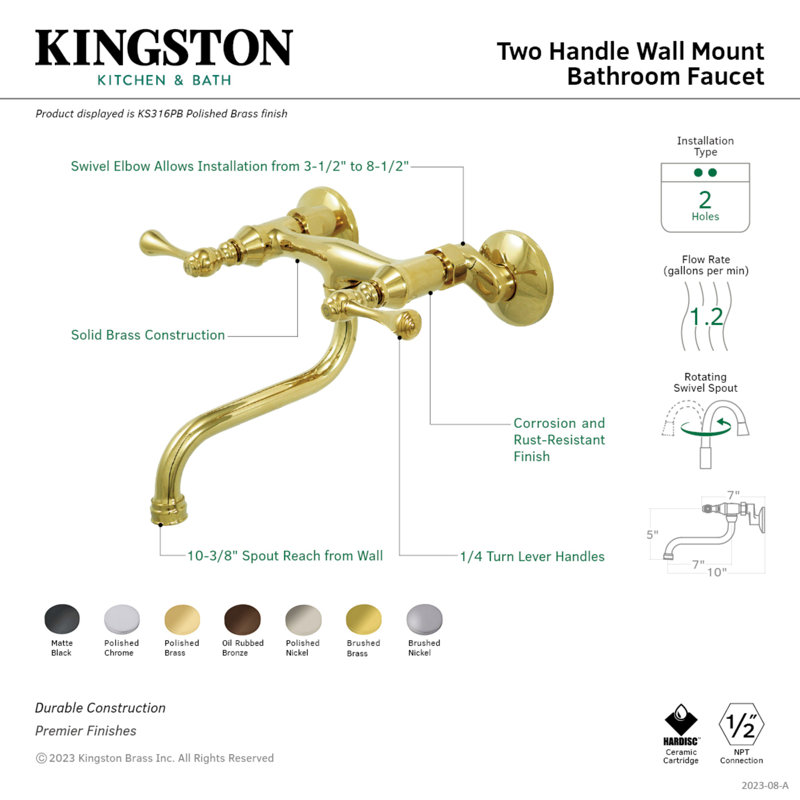 Robinet de salle de bain mural 2 trous Kingston, Noir mat