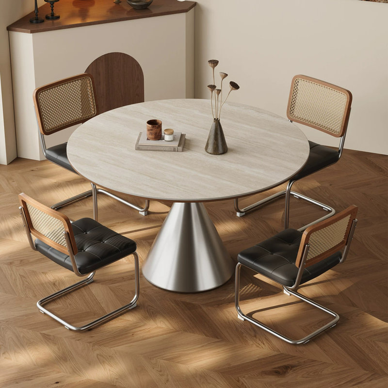 Table de salle à manger ronde moderne de 119 cm (47 po) en pierre frittée avec pied central en acier inoxydable, imitation travertin