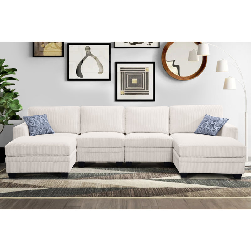 Canapé modulaire en U Kescha, Velours côtelé beige