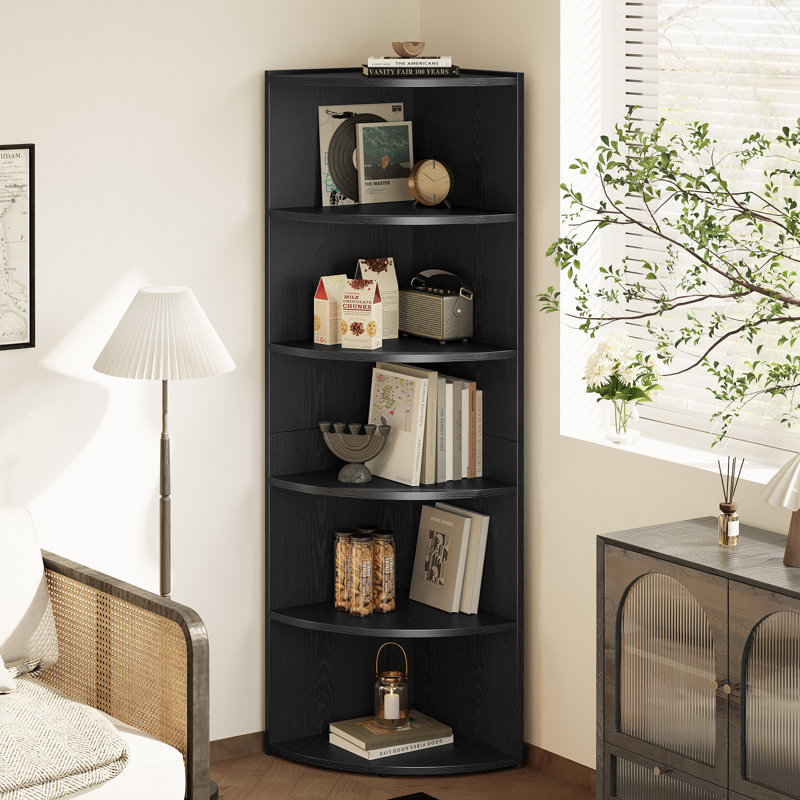 Finkel 66.9" H x 17.2" W Fan-Shaped 6-Tier Corner Bookcase, Black
