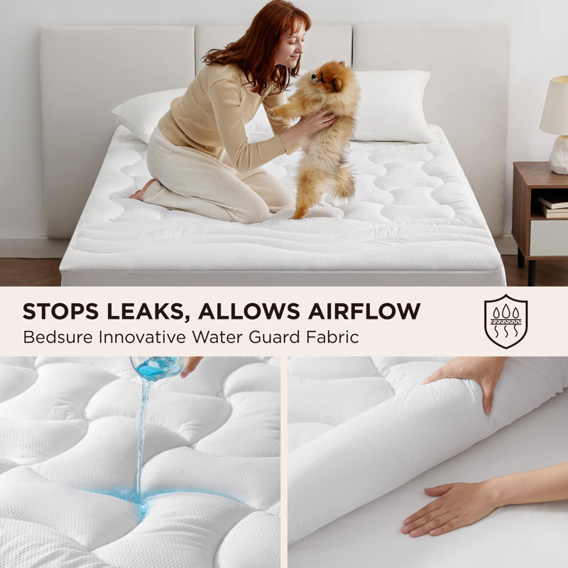 Bedsure Quilted Fitted Waterproof Mattress Pad Topper, White, Queen