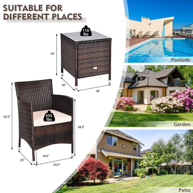 3-Piece Outdoor Rattan Wicker Furniture Set, Beige