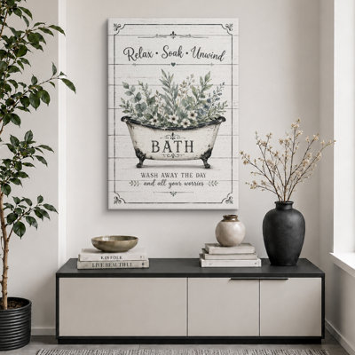«Farmhouse Relax Soak Unwind Bathaign», images de salle de bain, impression sur toile encadrée, impression numérique