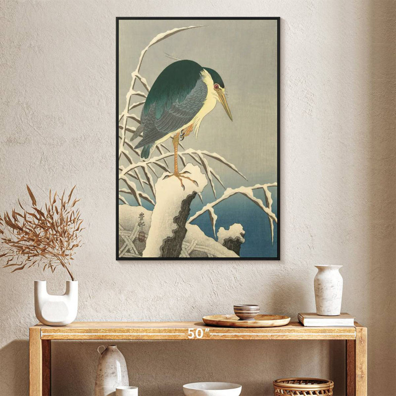 Héron dans la neige, Cadre flottant noir, 27 po x 40 po