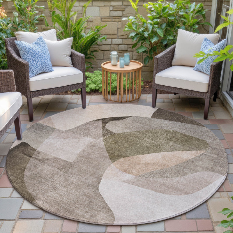 Tapis taupe Xhevrie intérieur / extérieur lavable à la machine, Rond 8 pi