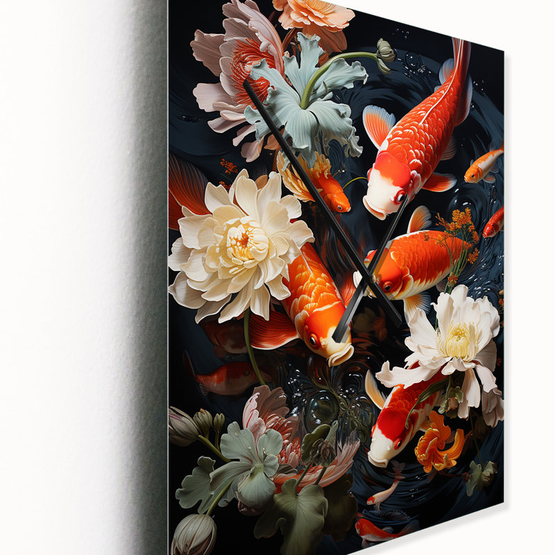 Asian Art Infinite Koi I - Horloge murale asiatique surdimensionnée, Grand