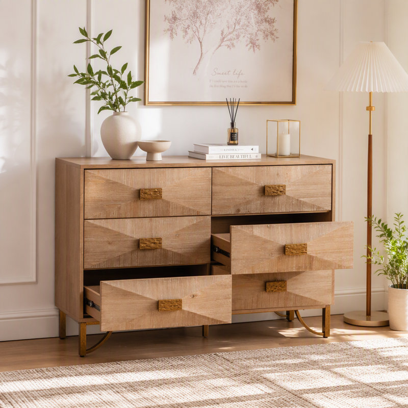 Commode 6 tiroirs, commodes et commodes modernes, meuble télé, commode en bois clair pour chambre à coucher, salon, couloir